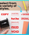 Slick Self Inking Rubber Stamp With Bold Red Ink For Quick Paid Documents And Relaxed Office Vibes That Runs Smooth As Butter And Features A Swap Ready Double Sided Ink Pad Made For Daily Grind Paperwork Without Breaking A Sweat showing different stamp styles.