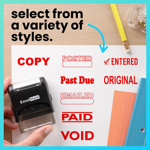 Slick Self Inking Rubber Stamp With Bold Red Ink For Quick Paid Documents And Relaxed Office Vibes That Runs Smooth As Butter And Features A Swap Ready Double Sided Ink Pad Made For Daily Grind Paperwork Without Breaking A Sweat showing different stamp styles.
