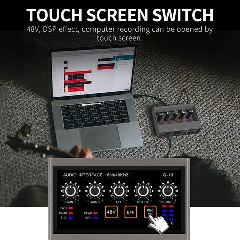 USB Audio Interface For PC With Touch Model 16 Bit 48 kHz Audio Quality DSP Effects 48V Phantom Power XLR Input next to a laptop