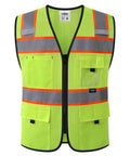 Solid High Visibility Reflective Safety Vest With Multiple Pockets Built Tough For Daily Grind Ansi Compliant Yellow Mesh Vest front view with pockets and reflective strips.