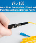 Hand holding VFL visual fault locator from FTTH Prep Kit With PON Power Meter, Fiber Cleaver, VFL And More For Live OLT Testing.
