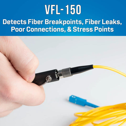 Hand holding VFL visual fault locator from FTTH Prep Kit With PON Power Meter, Fiber Cleaver, VFL And More For Live OLT Testing.