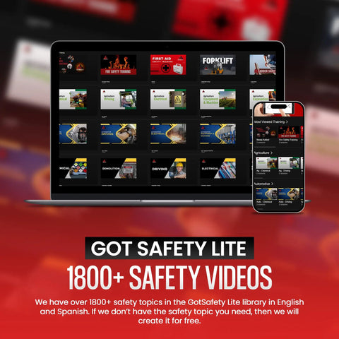 Laptop and smartphone displaying Got Safety Lite app with 1800+ safety videos in English and Spanish, red background.