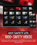 Laptop displaying Got Safety Lite library with 1800+ safety videos, next to a smartphone with similar content.