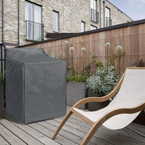 Beefed-Up Top-Load Washing Machine Cover For Outdoor Use, Heavy Duty Protection, Size W29 x D28 x H41.5 In, Gray, on patio