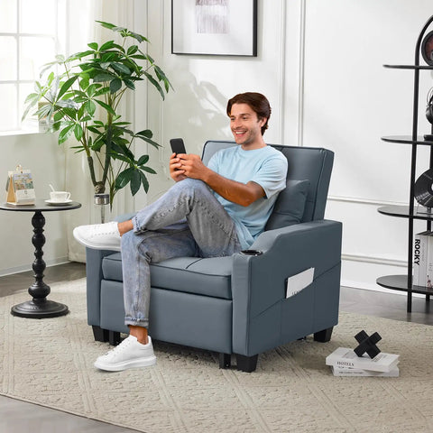 Man relaxing on 3-In-1 Convertible Sofa Bed Chair With Adjustable Backrest USB Ports And Cup Holders Cozy Cushions.