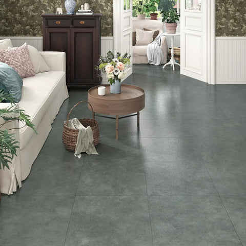 Living room with Marble Grey Peel And Stick Vinyl Floor Tiles 12x12 Inch Pack Of 20 Self Adhesive Waterproof Flooring.