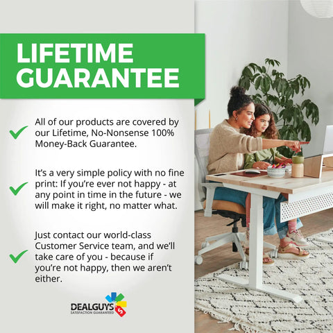 Two women at a desk reviewing a Lifetime Guarantee policy on adhesive-backed cable tie mounts packaging.