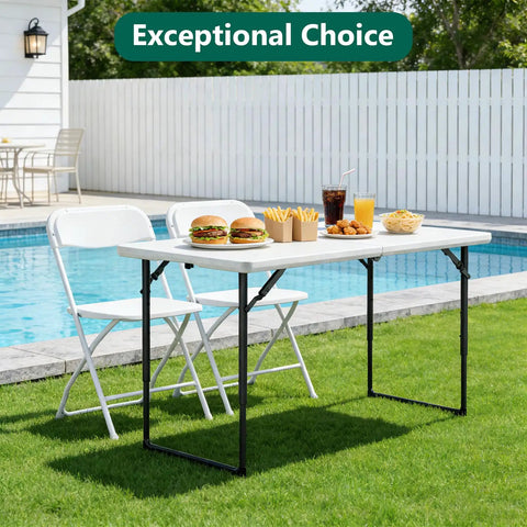Heavy Duty 4 Foot Folding Table With Fold In Half Design Adjustable Height Grab And Go Portable Utility Table With Steel Legs