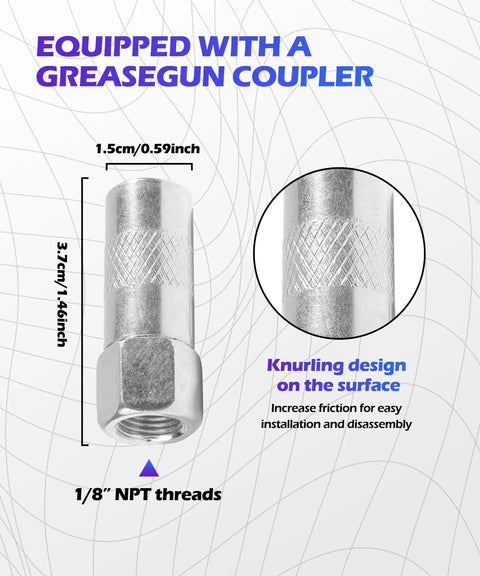 Close-up of 1/8 NPT coupler from 18 Inch Flexible Grease Gun Hose Kit With Coupler Heavy Duty Black Resin Steel Build