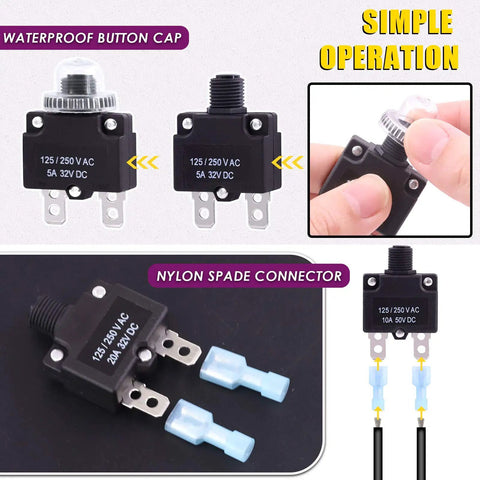 Thermal Circuit Breaker Kit With Quick Connect Terminals And Waterproof Button Caps 30Pcs 5 Sizes Showing Components and Operation