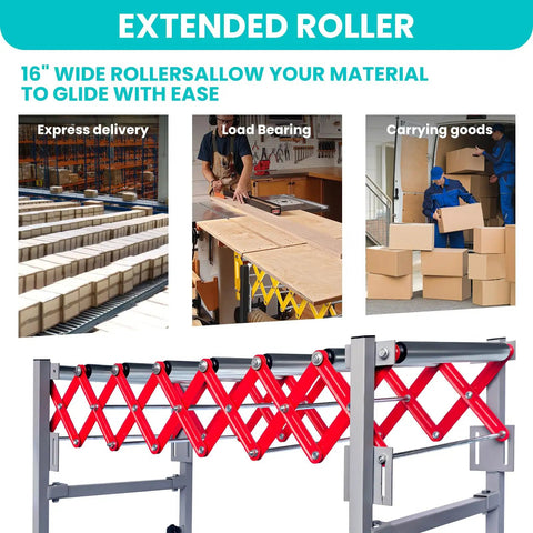 Heavy Duty Adjustable Conveyor Roller Table With 2 Hooks Supports Up to 600 Lbs shown with 16-inch wide rollers for easy material movement.
