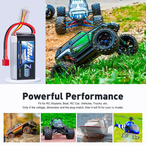 3S 2200mAh Shorty LiPo Battery 11.1V 50C With T Connector for RC cars, trucks, boats, drones, helicopters, and FPV models.