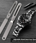 Adjustable Watch Back Opener Tool For Battery Replacement And Repairs, Wrench Style Case Opener Kit With Square Beak Jaw displayed with watch