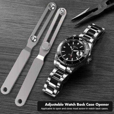 Adjustable Watch Back Opener Tool For Battery Replacement And Repairs, Wrench Style Case Opener Kit With Square Beak Jaw displayed with watch
