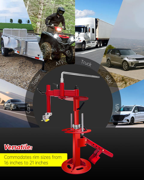 Manual Tire Changer With Gear Transmission For 16 To 21 Inch Tires, red tool with hand crank and gear mechanism, versatile use.