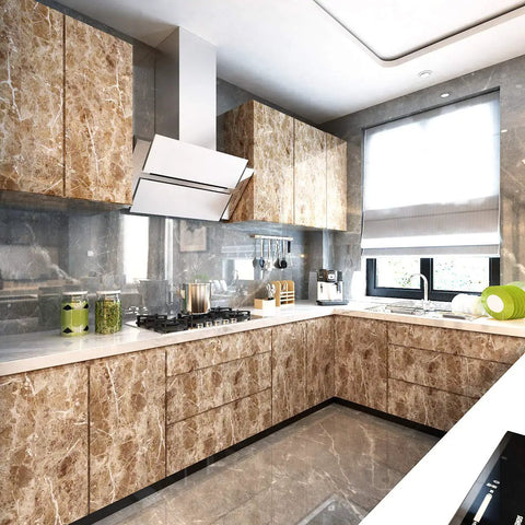Kitchen with cabinets and countertops covered in 36 Inch By 197 Inch Waterproof Marble Contact Paper Peel And Stick Vinyl Wrap