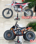 Front view of POLARBEAR blue dirt bike stand center jack supporting a dirt bike