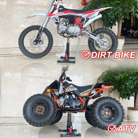 Heavy Duty Dirt Bike Stand Adjustable Jack Stand 1200 Lbs Capacity Engine Stand With Vertical Rise Easy To Operate Pro Grade Aluminum Alloy Lightweight Black holding dirt bike and ATV