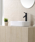 Rectangular Ceramic Bathroom Sink With Pop Up Drain White Finish Sleek Durable Glaze in modern vanity setting with oil rubbed bronze faucet.