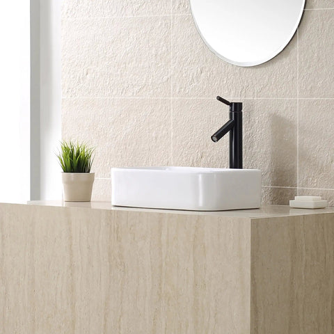 Rectangular Ceramic Bathroom Sink With Pop Up Drain White Finish Sleek Durable Glaze in modern vanity setting with oil rubbed bronze faucet.