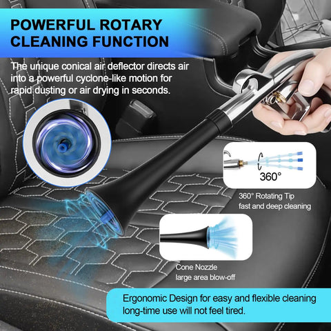 Two Nozzle Air Cleaning Gun For Auto Detailing That Blasts Dust And Grime From Surfaces Fast with 360° rotating tip in action