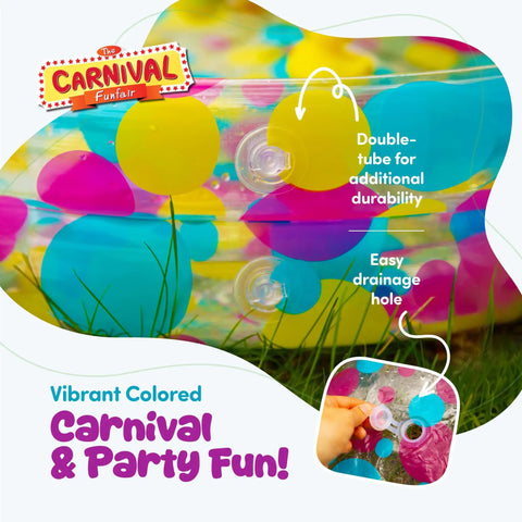 Close-up of colorful inflatable pool in Duck Pond Matching Carnival Game For Kids with double tube and drainage hole.