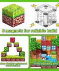 Magnetic Blocks Kit For Kids 100 Piece STEM Montessori Building Tiles Set showing Forest Cabin theme, 8 magnets on cubes.