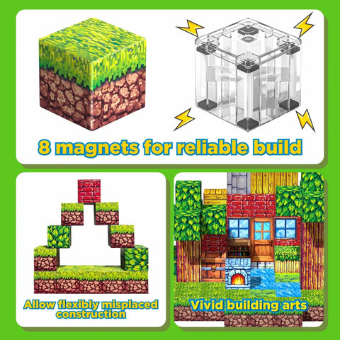 Magnetic Blocks Kit For Kids 100 Piece STEM Montessori Building Tiles Set showing Forest Cabin theme, 8 magnets on cubes.