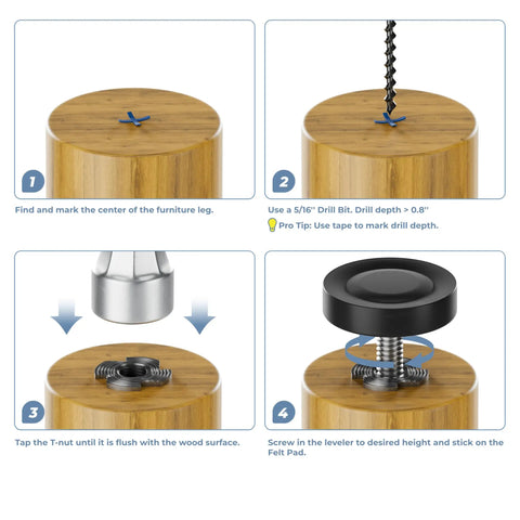 Installation steps for Quarter Inch Thread Furniture Leveling Feet Bundle Of Twelve Adjustable Levelers With T Nuts