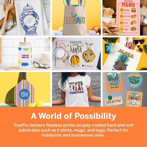Collage showcasing products featuring TruePix Sublimation Paper 8.5 x 11 Inches, 100 Sheets, Heat Transfer Paper For SG500 And SG1000 Sublimation Printers.