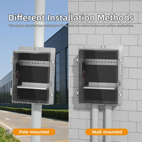 Outdoor Vented Electrical Enclosure Box 16x11x6 pole-mounted and wall-mounted with waterproof seal, shown in outdoor setting