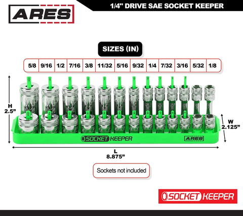 8 Piece Metric And SAE Socket Organizer Tray Set Black And Green Socket Holders For Standard And Deep Sockets Stores 176 Sockets With High Visibility Markings And Vertical Peg Board Design For Grab And Go Access, featuring sizes and dimensions.