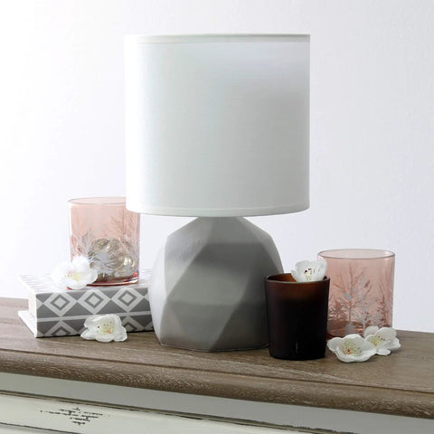 Geometric Concrete Table Lamp With White Fabric Drum Shade, Tiny Dope Compact Desk Light on wood shelf with decor
