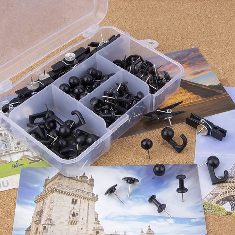 Top Tier Black Push Pin Set With Five Fresh Thumb Tacks And Sharp Steel Point Map Pins For Heavy Duty Cork Board Organization Rock Solid 140 Piece Desk Kit in a clear case with black pins.