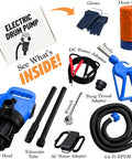 Contents of Heavy Duty Electric Drum Pump Blasts Through Fluids At Five Gallons Per Minute Fast Barrel Transfer kit.