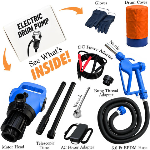 Contents of Heavy Duty Electric Drum Pump Blasts Through Fluids At Five Gallons Per Minute Fast Barrel Transfer kit.