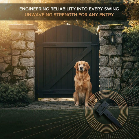 Six Pack Of Four Inch Heavy Duty T Hinges Galvanized Outdoor Gate And Barn Door Hardware With Smooth Spin Pin And Countersunk Screw Holes Built Tough For Fences Sheds And Backyard Projects, featuring a dog near a gate.