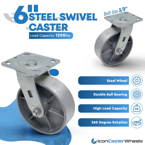 Heavy Duty 6 Inch By 2 Inch Steel Caster Wheels Set Of 4 With Swivel Top Plate 4 By 4.5 Inches Load Capacity 4800 Lbs Per Set