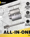 Graff 3-9/16 in SDS Max rotary hammer core bit set with tungsten carbide teeth, 20 in length, center drill and adapter.