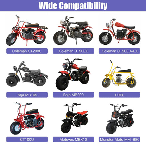 Collage image of various mini bikes and go-karts showing wide compatibility with Beefy Universal Engine Mounting Plate Replacement