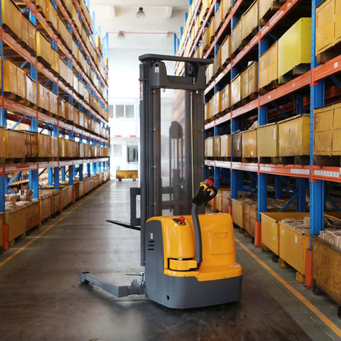 No Sweat Full Electric Stacker Forklift in warehouse aisle, showcasing 3300 lb capacity and wide adjustable forks.