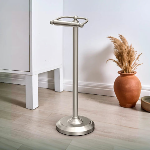 Pedestal Toilet Paper Holder In Satin Nickel Finish, Freestanding Bathroom Tissue Stand With Hand Polished Metalwork