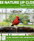 Crystal Clear Window Bird Feeder With Non Marking Self Adhesive Hooks, outdoor view, red bird perched inside