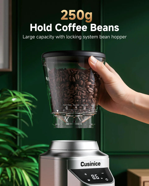 Ditch The Clutter And Ditch The Static With This Sharp Conical Burr Coffee Grinder Rocking A Bold 40Mm Stainless Steel Core And Thirty Four Dial Tweaks To Keep Grinds Light And Flavor Rich For Any Home Barista Wanting That Daily Smooth Sip, showcasing a hand holding a 250g coffee bean hopper.