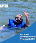 Person snorkeling in water wearing an Adult Snorkel Vest With Name Box, Lightweight Adjustable Buoyancy Gear For Water Sports, High Visibility Neon Yellow Safety Vest, Portable Nylon With TPU, Easy Fit Size Large.
