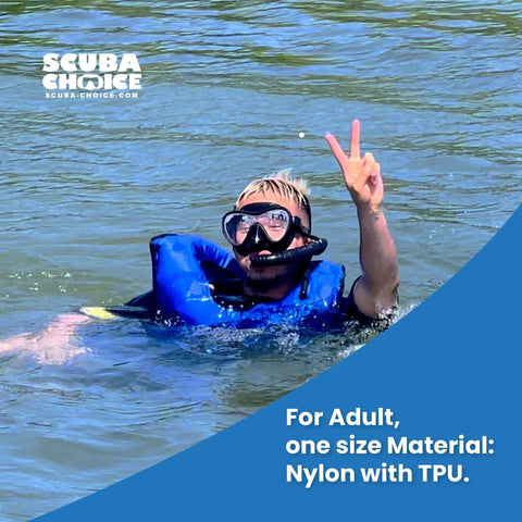 Person snorkeling in water wearing an Adult Snorkel Vest With Name Box, Lightweight Adjustable Buoyancy Gear For Water Sports, High Visibility Neon Yellow Safety Vest, Portable Nylon With TPU, Easy Fit Size Large.