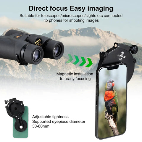 Universal Telescope Phone Adapter For 30mm To 60mm Eyepieces with a magnetic digiscoping holder mounted on a smartphone for birding.
