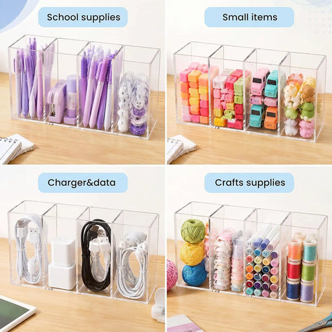 Clear Acrylic Desk Organizer Set 3 Pack With 4 Compartments Holds Pens Pencils and Small Office Supplies
