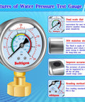 Oil Filled Water Pressure Gauge Three Quarter Inch GHT Female Thread 0 to 200 Psi Test Gauge Kit With Adapters showing dual scale dial